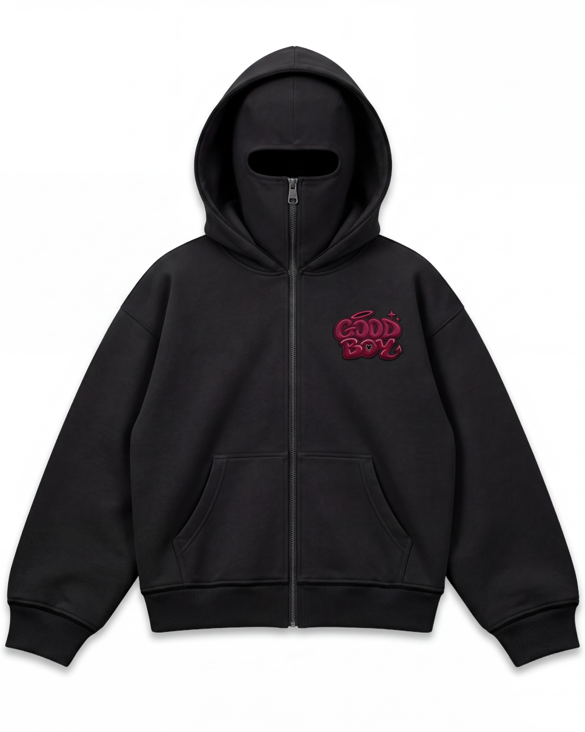 GOODBOY Black Wine balaclava zip hoodie — front product view