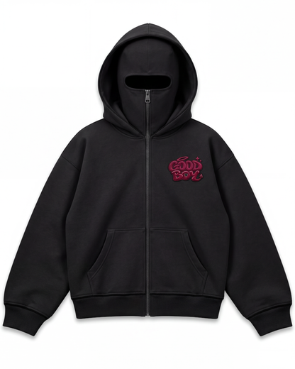 GOODBOY Black Wine balaclava zip hoodie — front product view