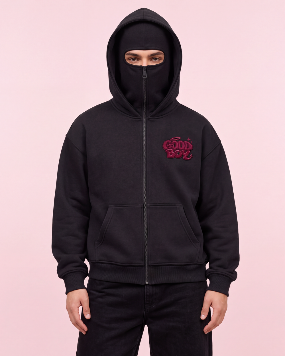 GOODBOY Black Wine hoodie — model front view