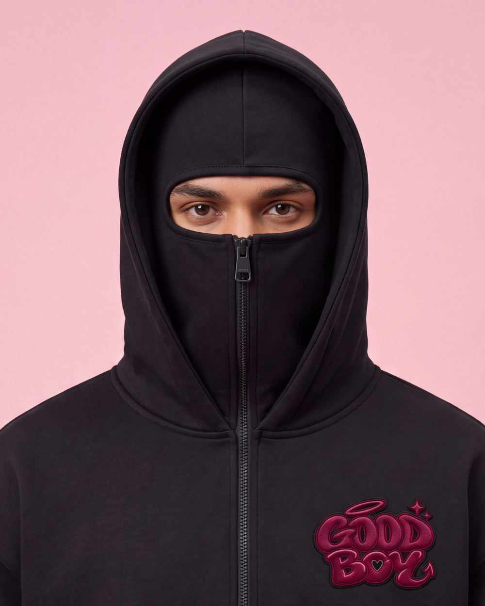 GOODBOY integrated balaclava and wine embroidery detail